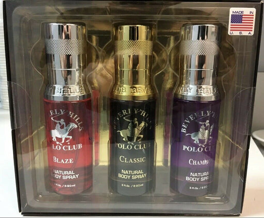 Men’s 3-piece body spray gift set with Classic, Blaze, and Courage scents in a clear display box – 3 oz each
