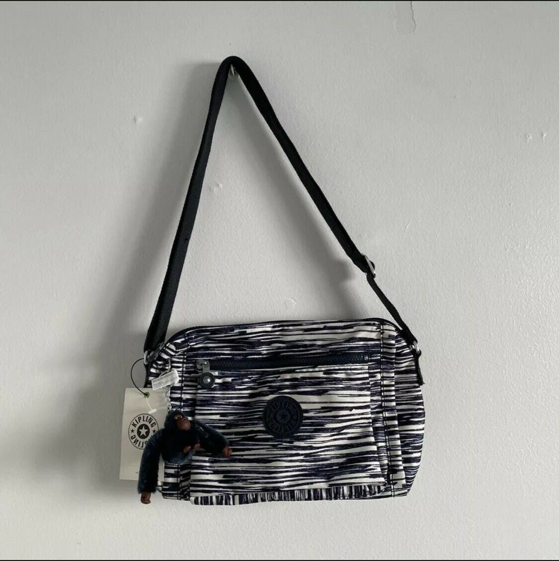 Kipling Kayla Scribble Lines Blue Crossbody Bag Purse Fuzzy Monkey Lanyard $94