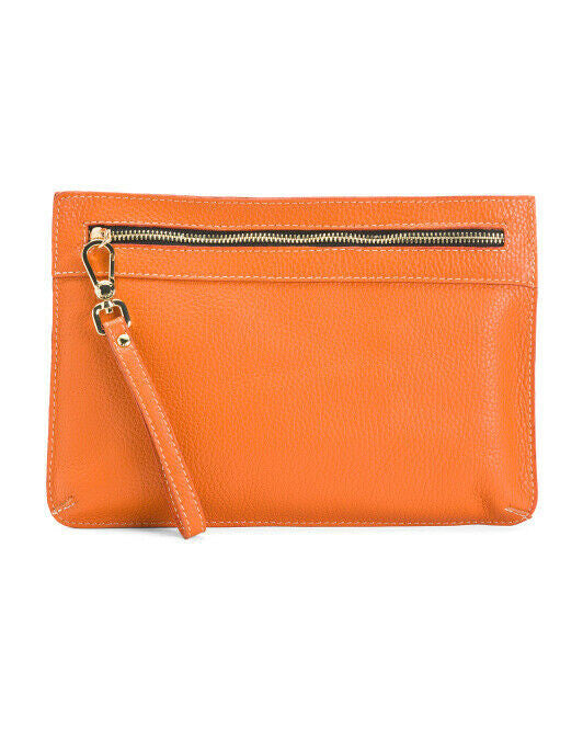 ARCADIA Genuine Leather Orange Purse Wristlet Bag ITALY Pebbled