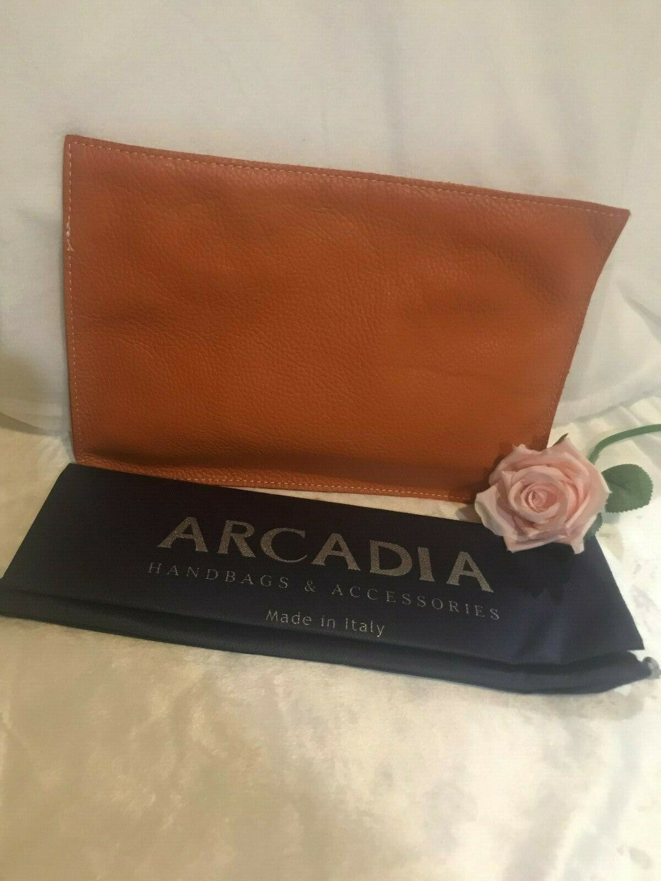 ARCADIA Genuine Leather Orange Purse Wristlet Bag ITALY Pebbled