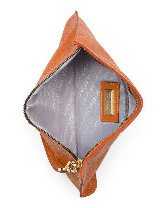 ARCADIA Genuine Leather Orange Purse Wristlet Bag ITALY Pebbled