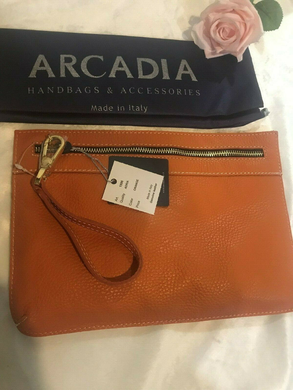 ARCADIA Genuine Leather Orange Purse Wristlet Bag ITALY Pebbled
