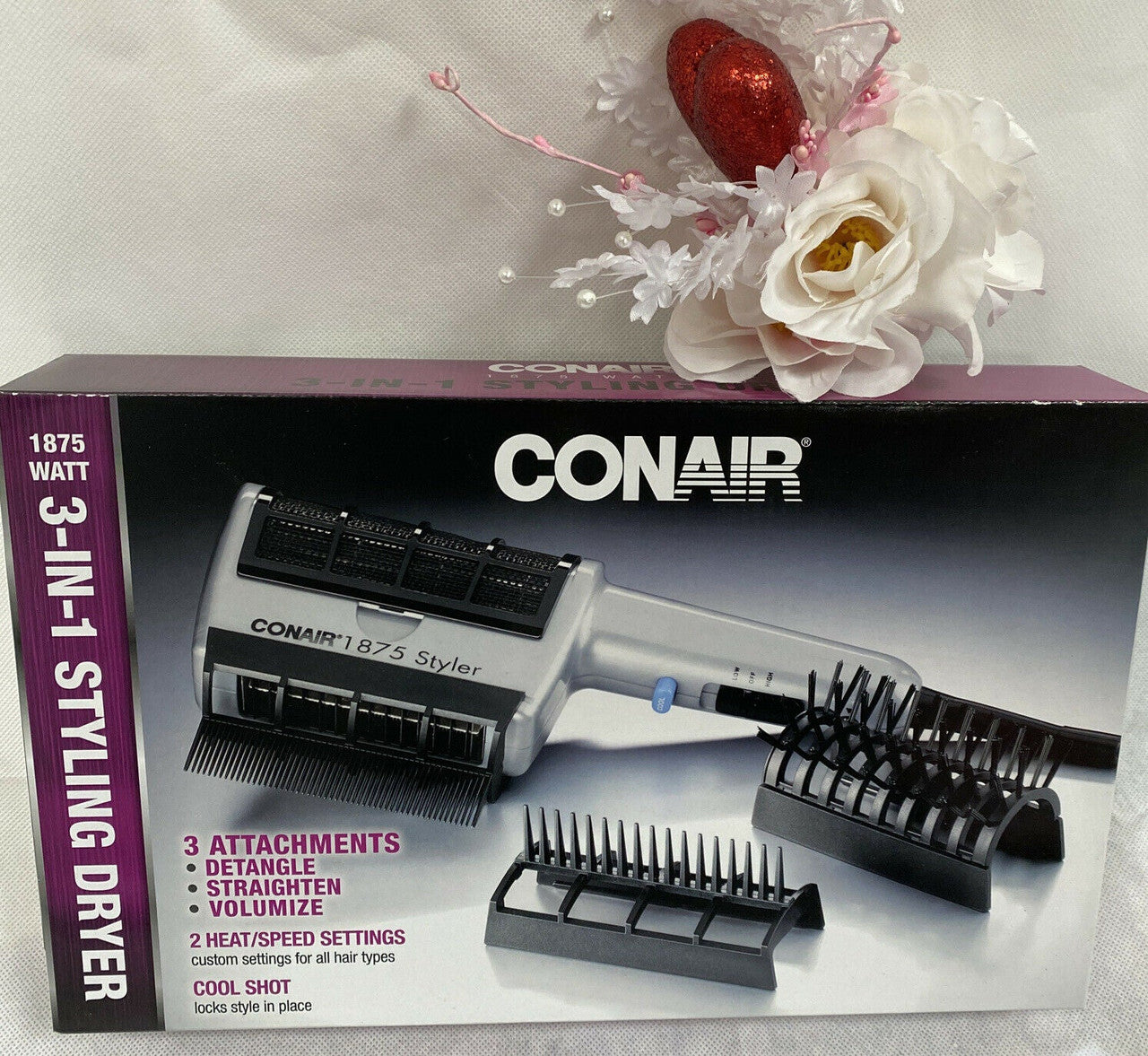CONAIR 3in1 Cool Shot Styling Hair Dryer 3 Attachments 2 Heat/Speed Settings