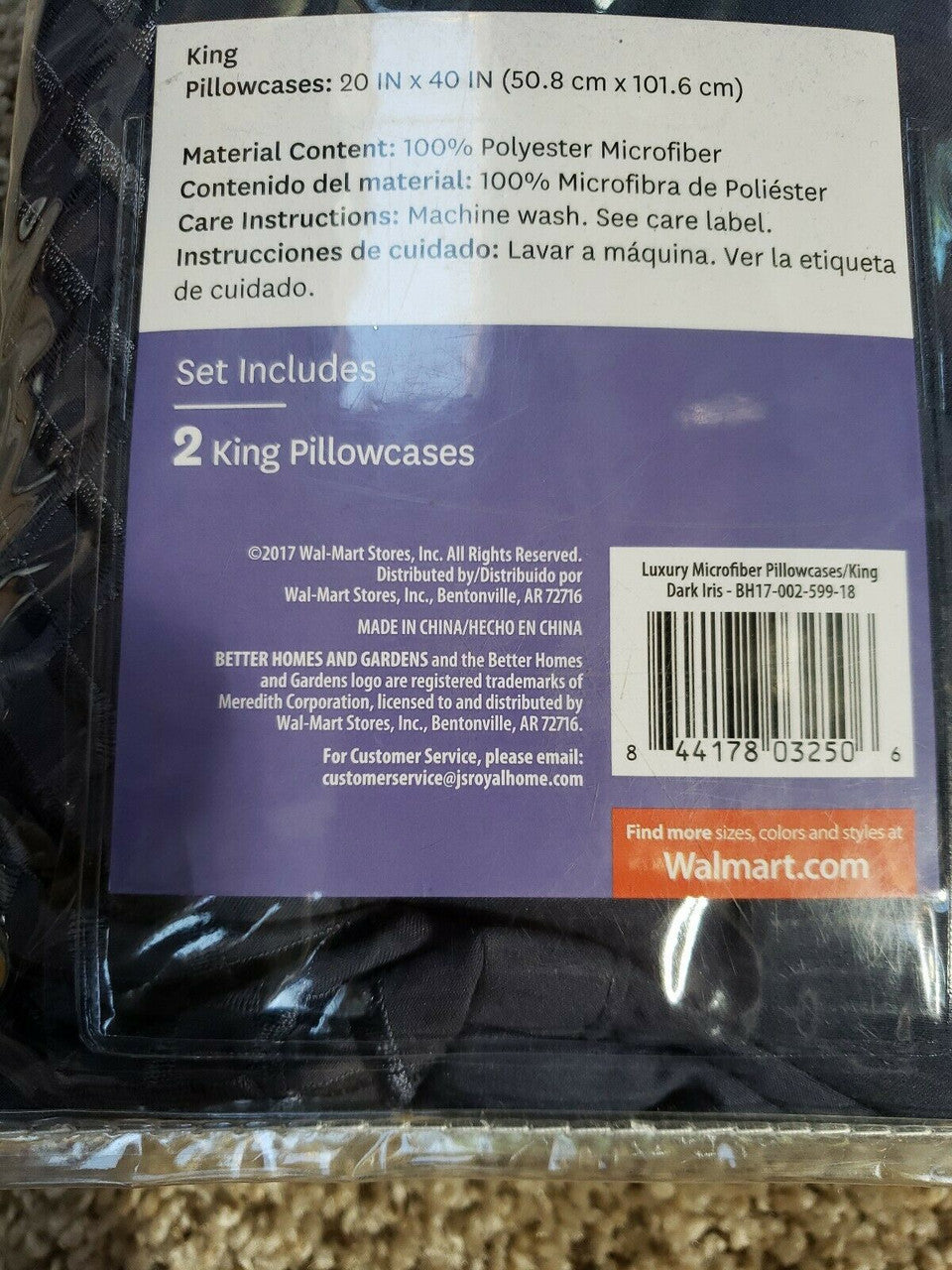 Better Homes & Gardens king pillowcase set in navy blue, embroidered luxury microfiber, packaged