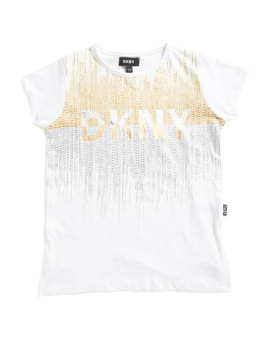 DKNY Little Girls High Low Logo Tee Size 6 bright white gold silver  T-Shirt