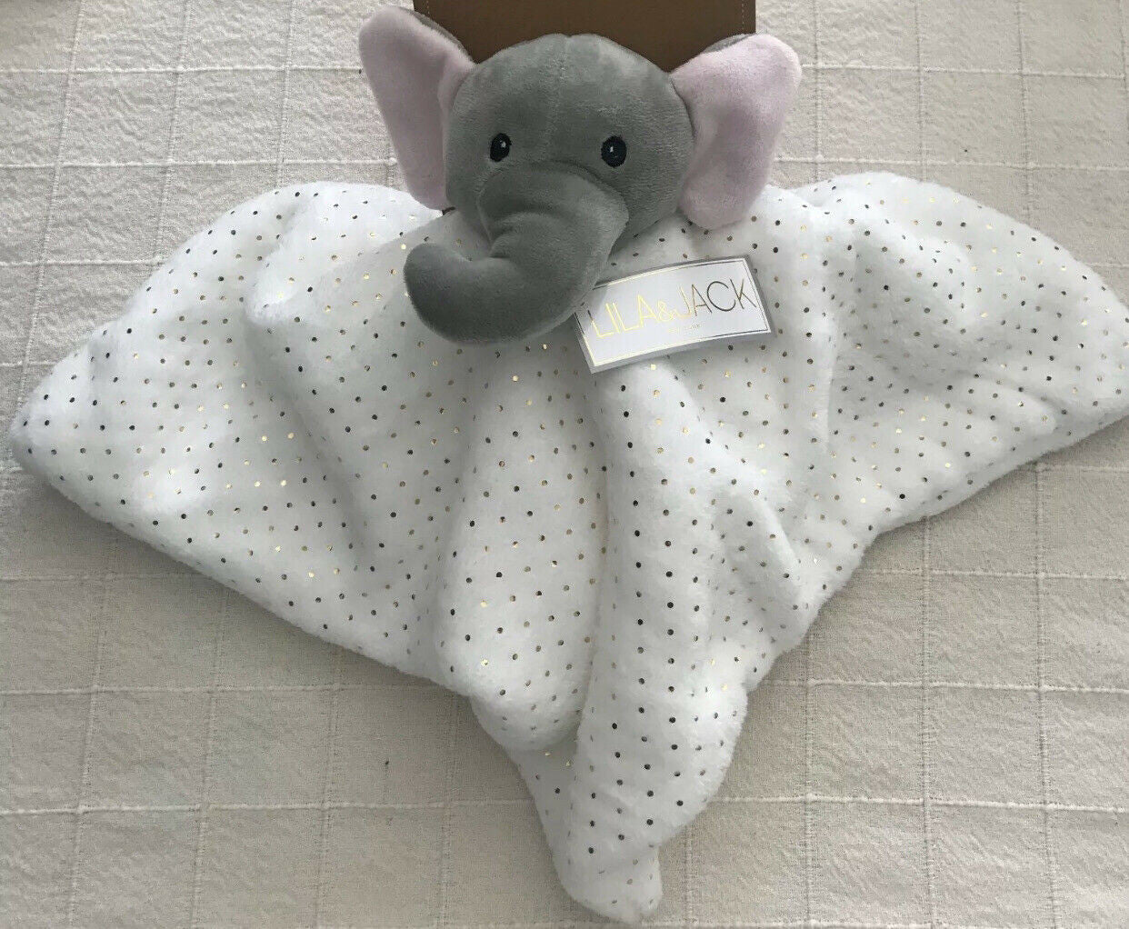 Lila & Jack Pink and Grey Elephant with white and gold sparkled blankie