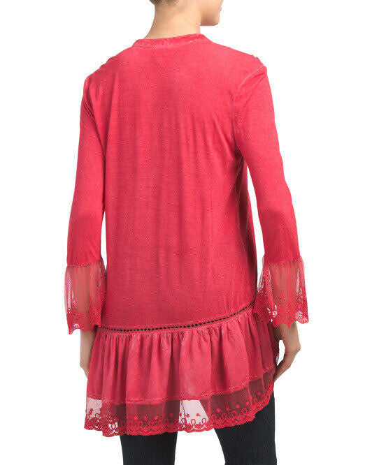 CUPIO Henley Lace Hem Top MEDIUM pintuck pleat detail