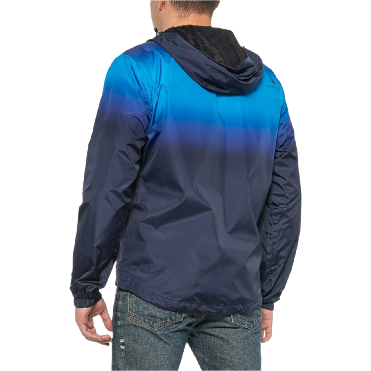Men’s blue ombre lightweight windbreaker jacket with hood, shown from front and ba