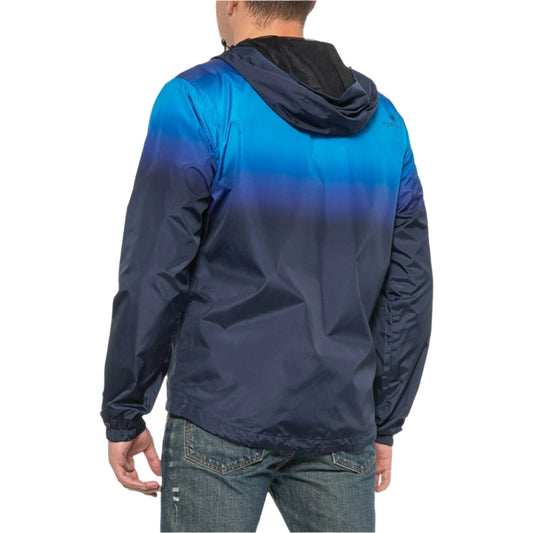 Men’s blue ombre lightweight windbreaker jacket with hood, shown from front and ba