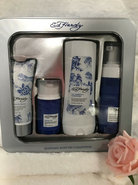 4-piece men’s grooming set with Ed Hardy shaving gel, after shave cream, face wash, and shampoo/conditioner in blue tin gift box