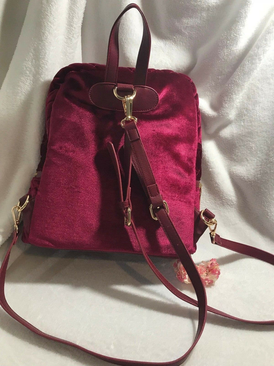 Bebe Danielle Backpack Dark Pink Velvet Quilted Laptop Sleeve Gold Zipper