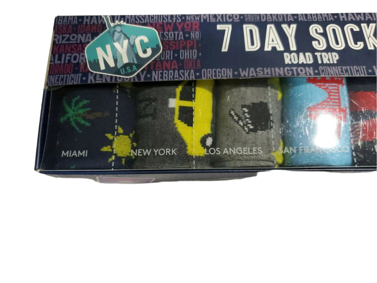 Men’s 7 Day Socks Gift Box with road trip-themed designs – 7 colorful pairs, size 8–12