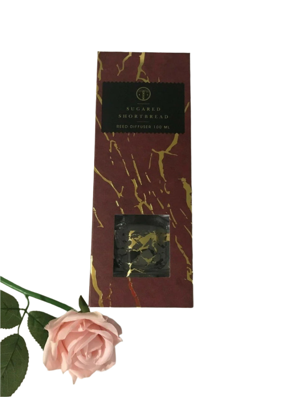 Sydney Candle Sugared Shortbread Reed Diffuser 100ml boxed with gold marble accents and pink rose prop