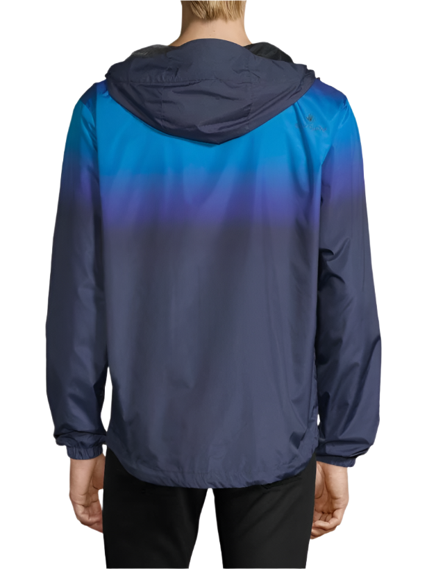 Men’s blue ombre lightweight windbreaker jacket with hood, shown from front and ba