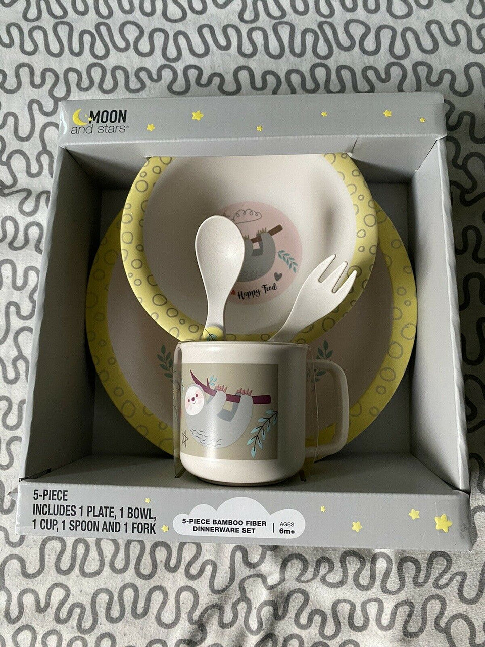 Baby 5-PIECE GIFT SET DINNERWARE  Moon and Stars 6+ months Sloth Happy Feed