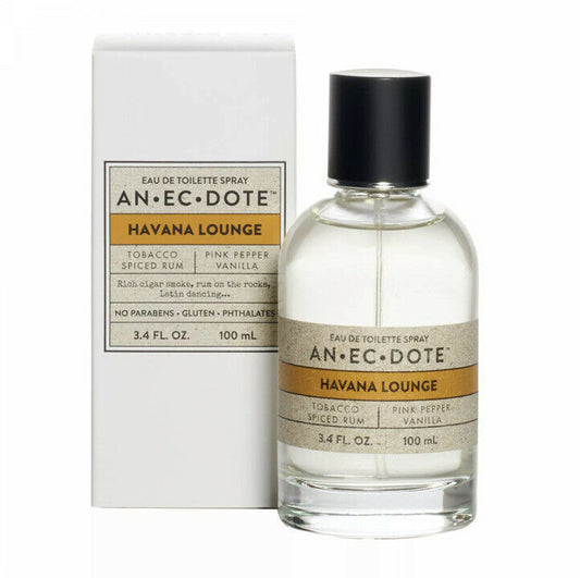 Anecdote Havana Lounge Eau De Toilette Spray, 3.4 oz bottle and box – unisex fragrance with vanilla, tobacco, and rum notes