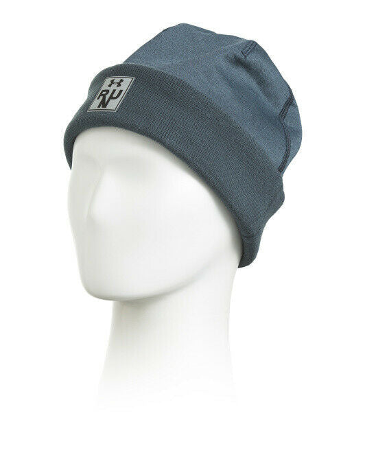 Grey-blue water-resistant winter beanie hat with ribbed cuff and logo, one-size unisex fit