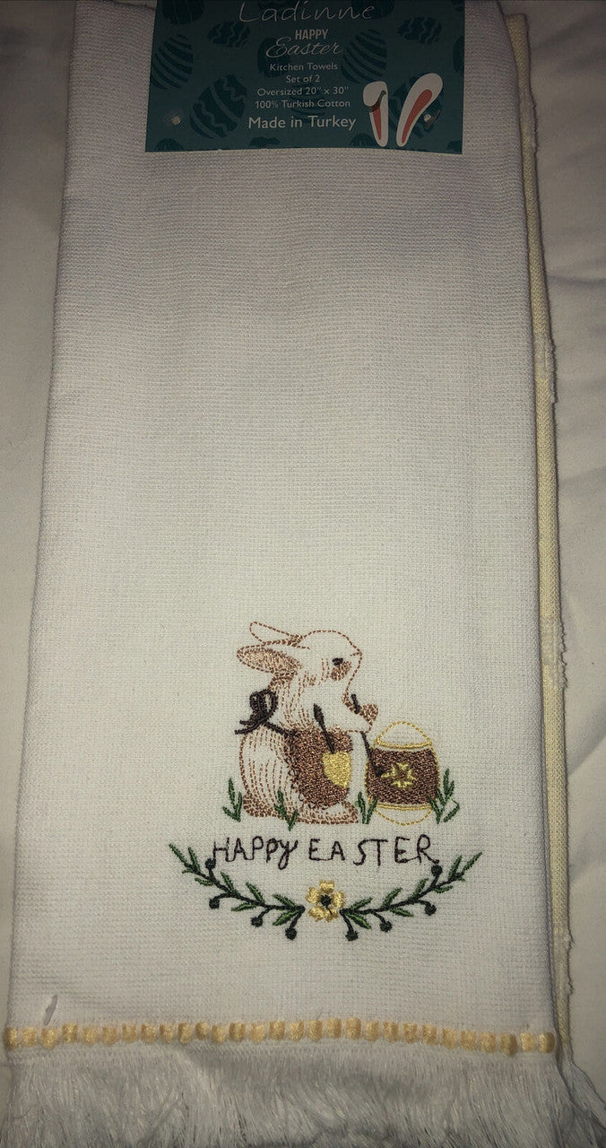 Ladinne Easter Set of 2 Kitchen Towels White Bunnies on Yellow Background