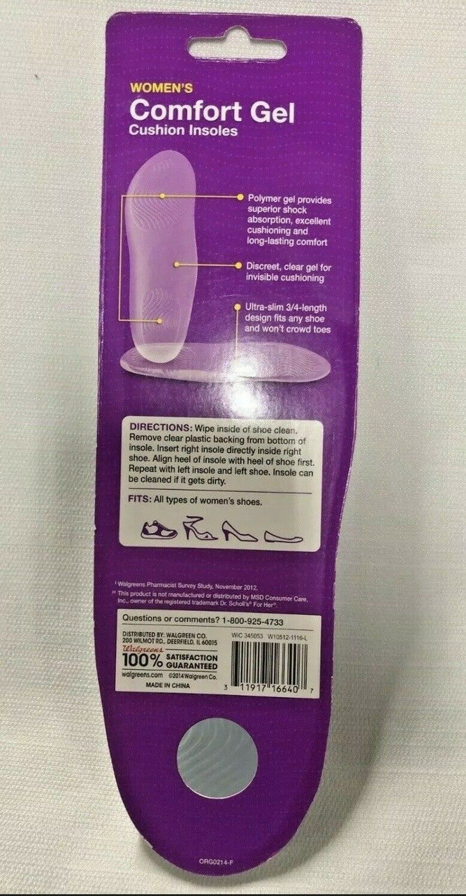 Clear Gel Cushion Insoles Women's Size 5-10  one pair Walgreens