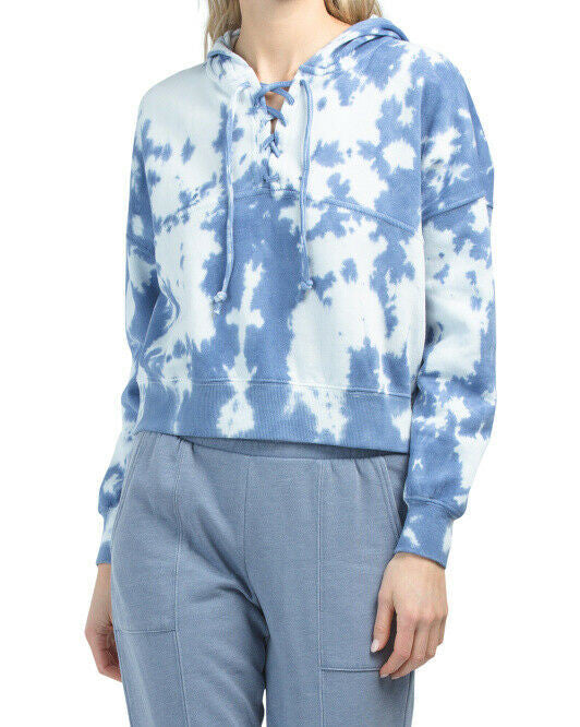 PINK ROSE Juniors M Tie Dye washed denim Lace Up Hooded Sweatshirt HIPPIE ROSE