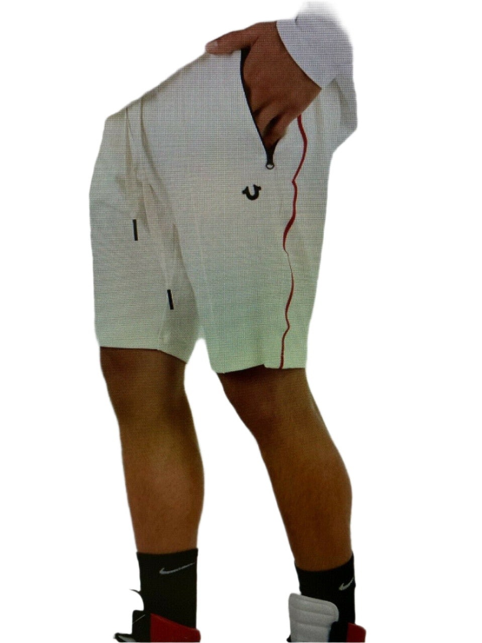 Men’s off-white logo shorts with drawstring waist, zip pockets, and horseshoe logo – shown on model
