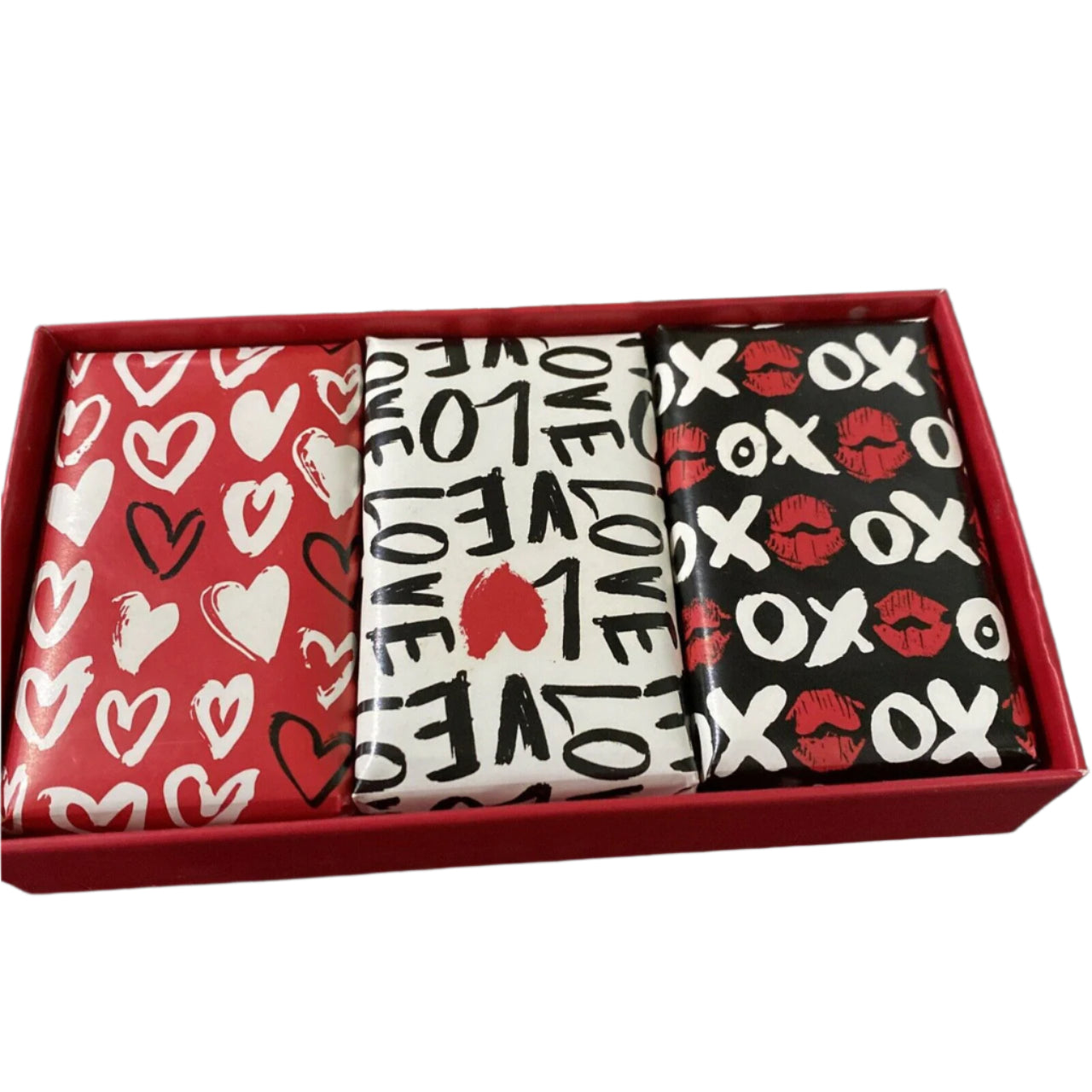 Boxed 3-bar Honey Vanilla scented soap gift set with heart and XO design packaging