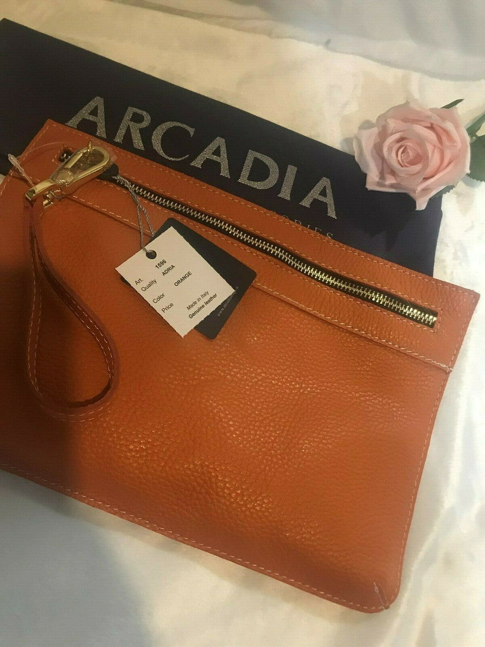ARCADIA Genuine Leather Orange Purse Wristlet Bag ITALY Pebbled