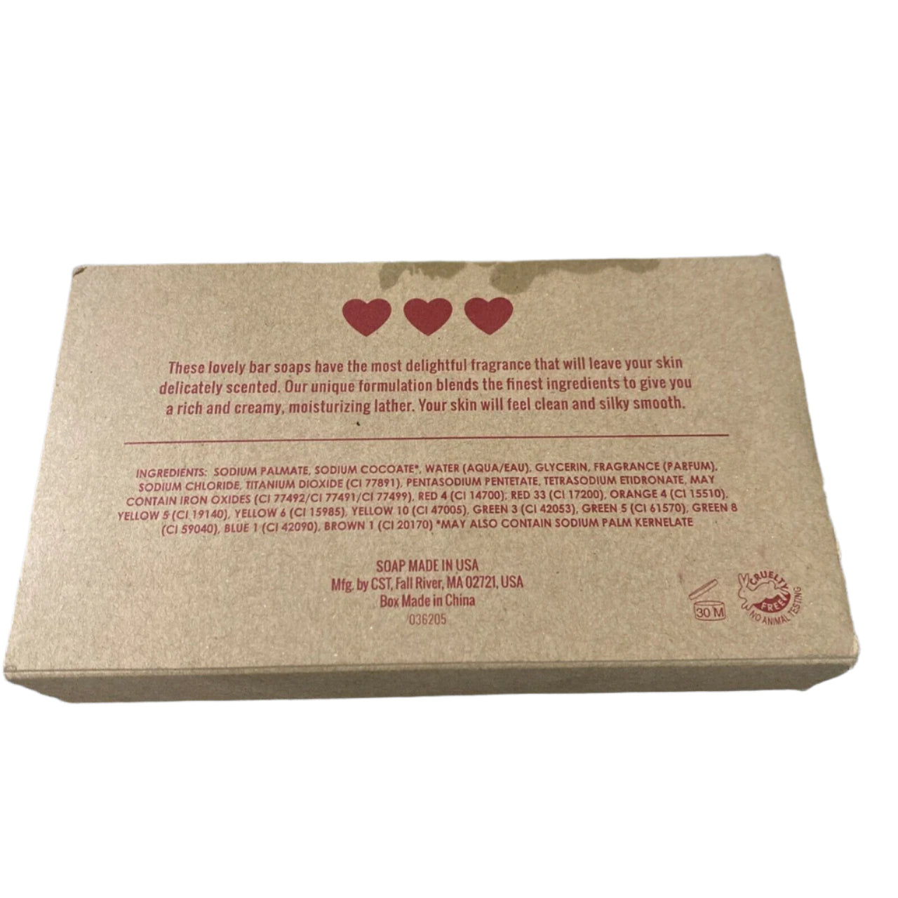 Boxed 3-bar Honey Vanilla scented soap gift set with heart and XO design packaging