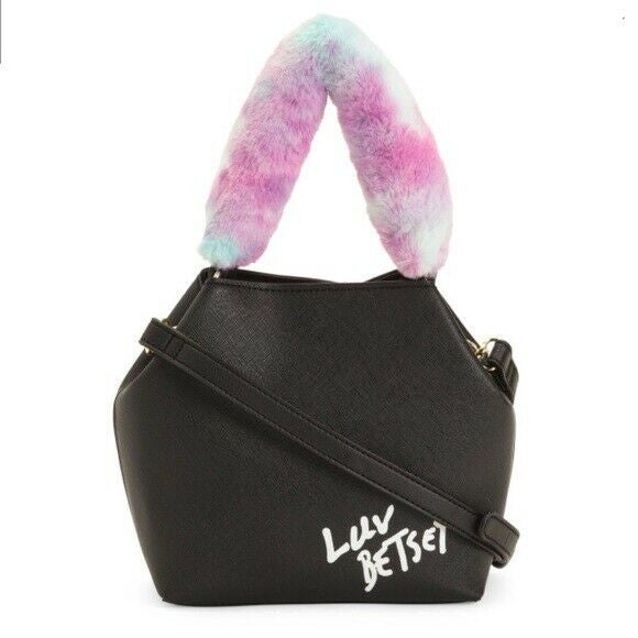 Betsey Johnson Mini Bucket Black with Fur Handle Crossbody Bag