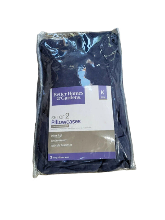 Better Homes & Gardens king pillowcase set in navy blue, embroidered luxury microfiber, packaged
