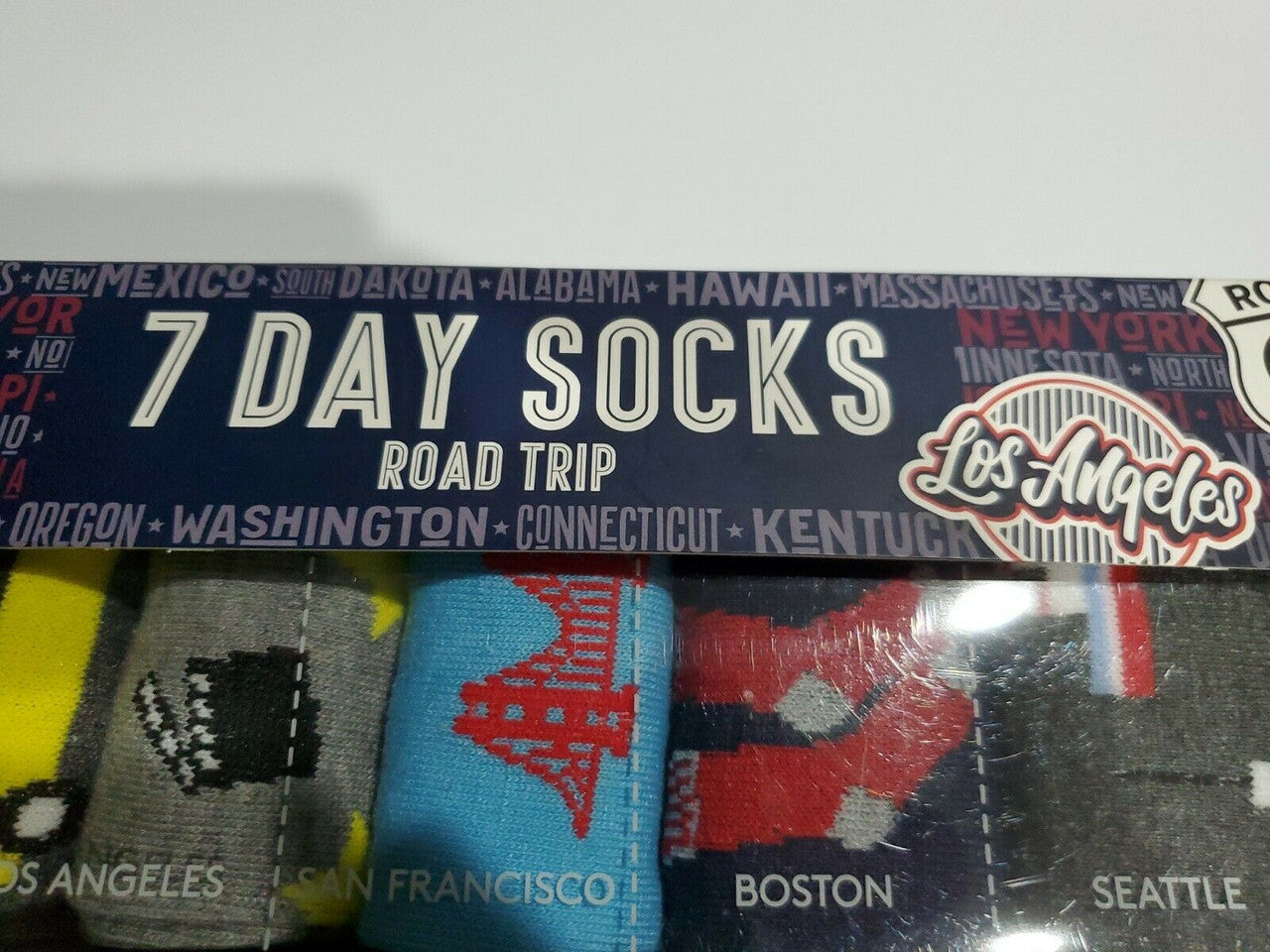 Men’s 7 Day Socks Gift Box with road trip-themed designs – 7 colorful pairs, size 8–12