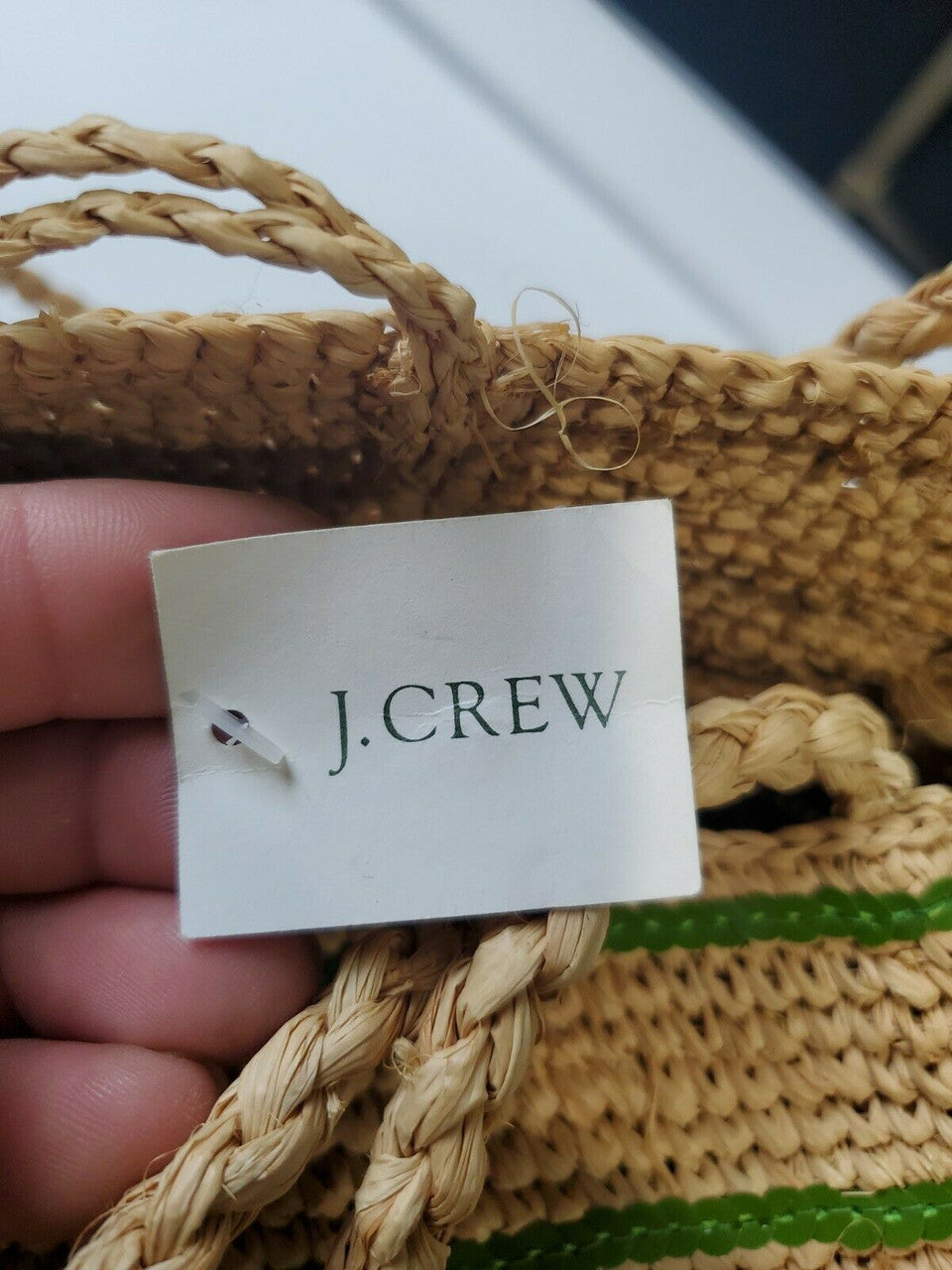 J.CREW Straw Market Tote Bag 15" x 10" x 8" Green Trim Summer Bag
