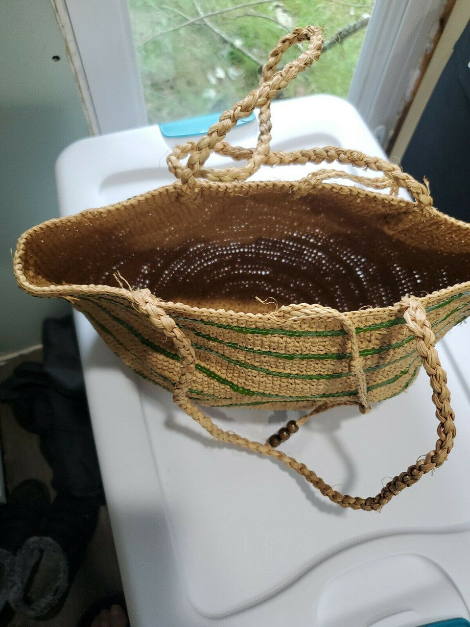 J.CREW Straw Market Tote Bag 15" x 10" x 8" Green Trim Summer Bag