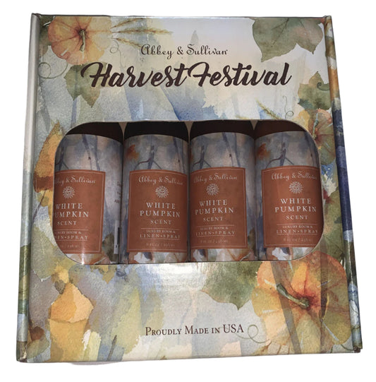 Abbey & Sullivan Harvest Festival 4-piece White Pumpkin Linen Spray set in autumn-themed packaging.