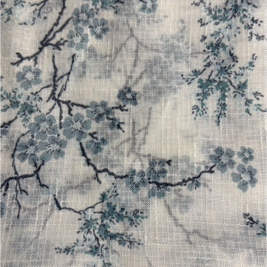 Pair of 38x84 sheer floral curtain panels in soft blue blossom print by Laura Ashley