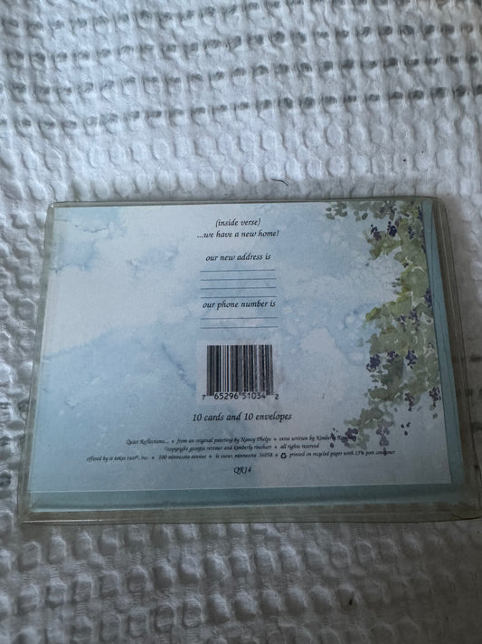 Greeting card set titled “Good News Is Worth Sharing” with watercolor house illustration on the cover, includes 10 moving announcement cards and envelopes.
