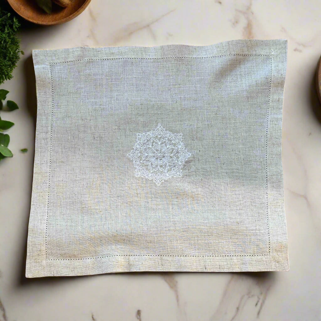 Set of 4 100% Linen Cloth Dinner Napkins – Natural Beige, 17"x17" Embroidery