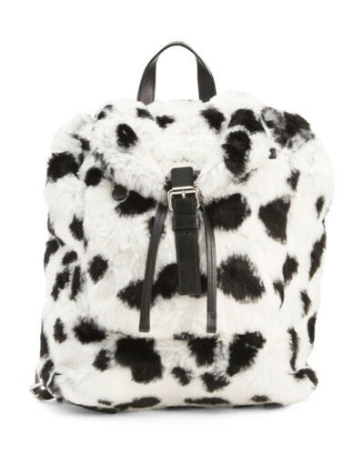 Unisex white and black Dalmatian faux fur backpack with buckle and drawstring closure, shown from multiple angles