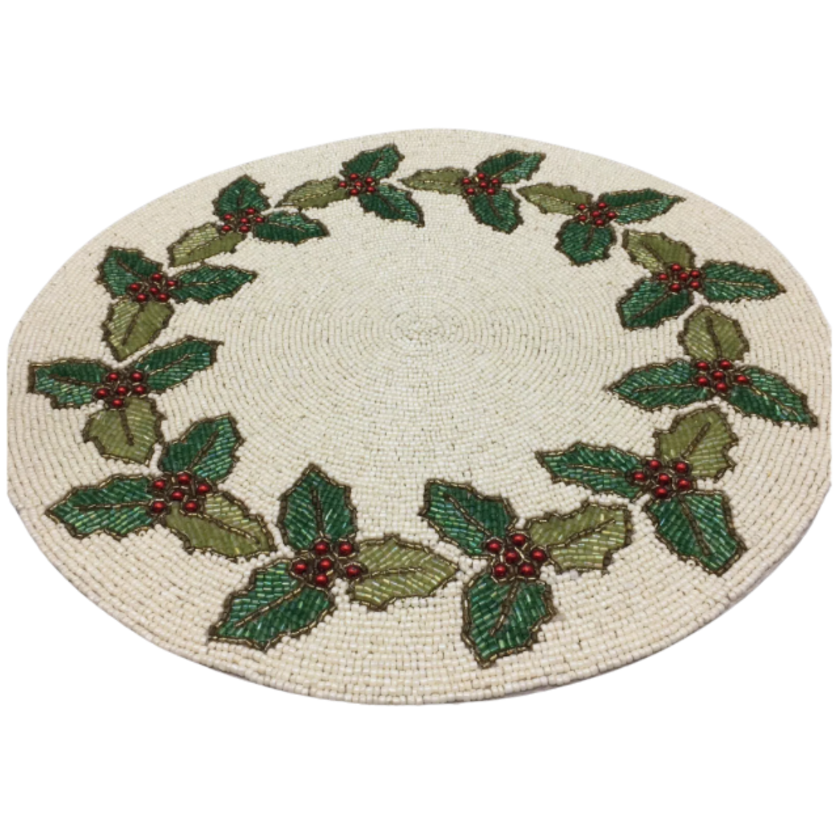 4 pcs Beaded Holiday Placemat – Holly Leaf Design | 15" Round