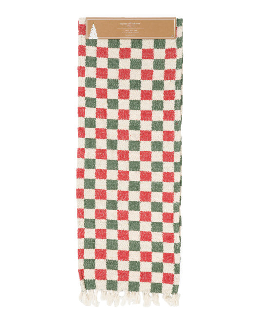 Cupcakes & Cashmere Terry Checkerboard Christmas Table Runner – 16" x 90" with Lurex Detail and Fringe Border