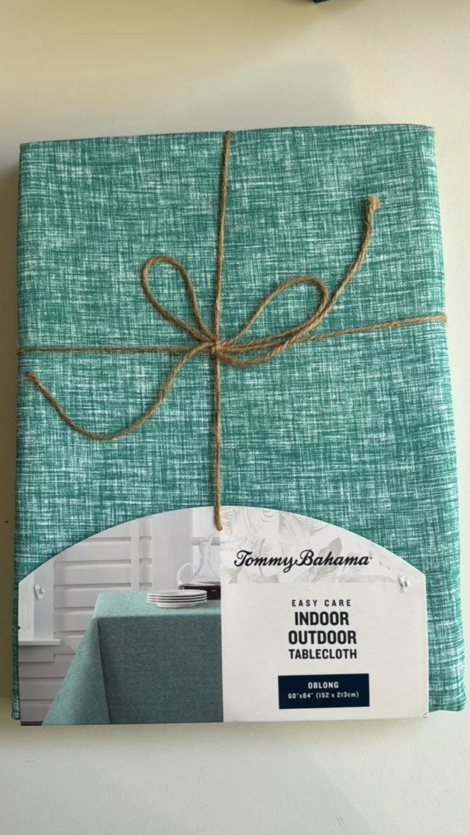 Tommy Bahama Woven Cross Dyed Tablecloth – 60" x 84" | Water & Fade Resistant, Green/Blue