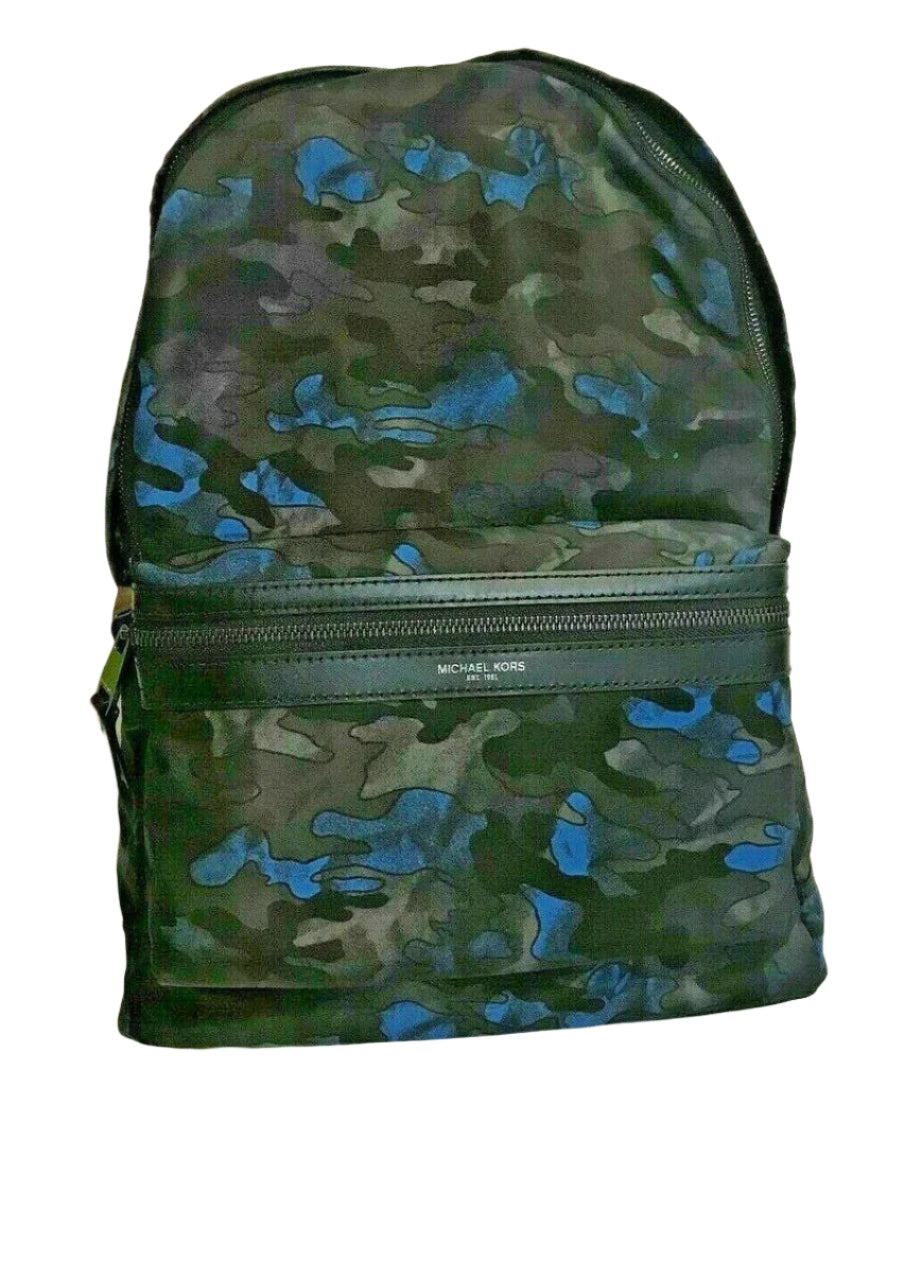 Men’s midnight camo backpack with nylon exterior, leather trim, and padded shoulder straps