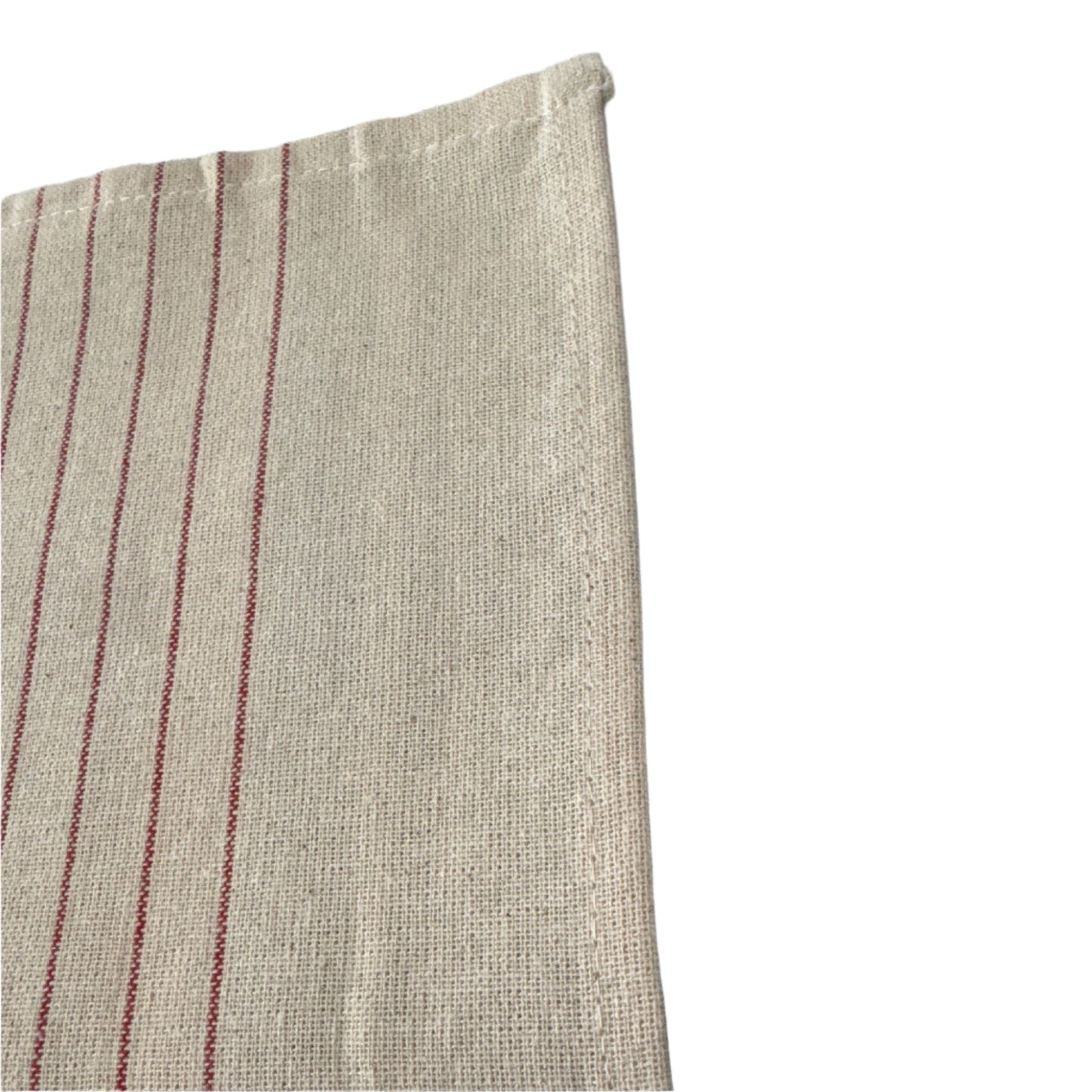 Folded beige woven fabric with red parallel stripes, displaying its hemmed edges and natural texture on a white background.