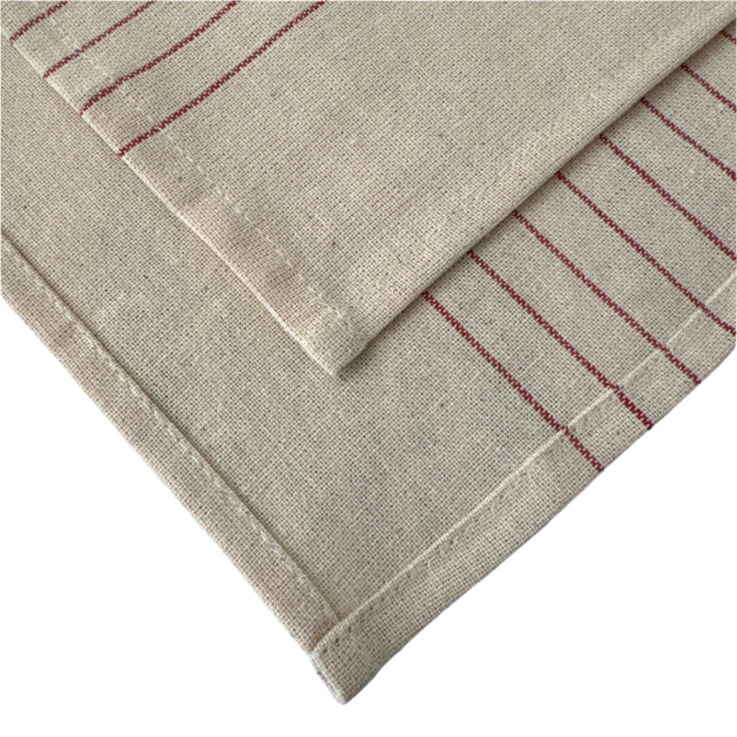 Neatly folded beige woven fabric with red parallel stripes, showcasing its textured material and hemmed edges on a white background.