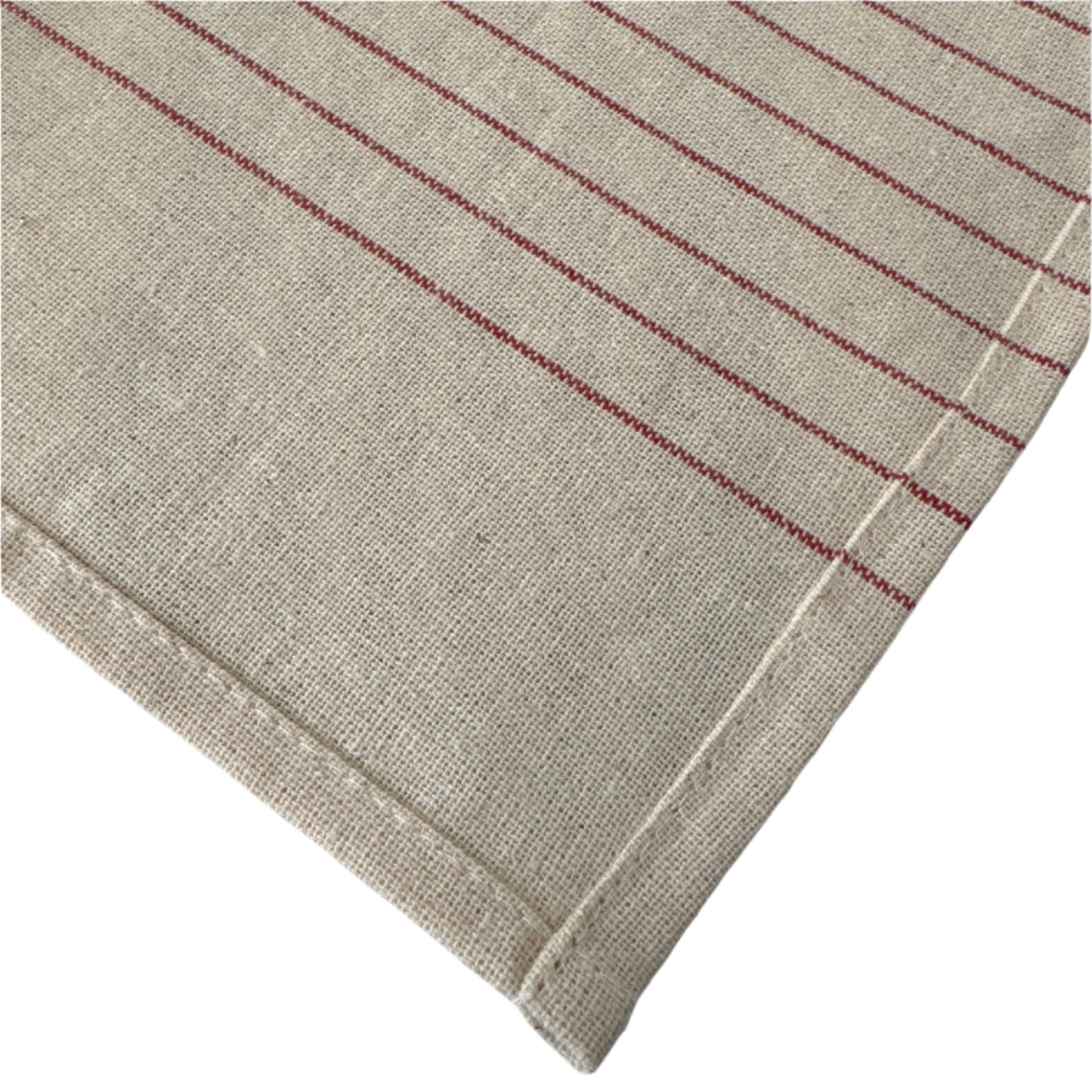 Close-up of a beige linen fabric with red parallel stripes, featuring neatly hemmed edges and a natural, textured appearance