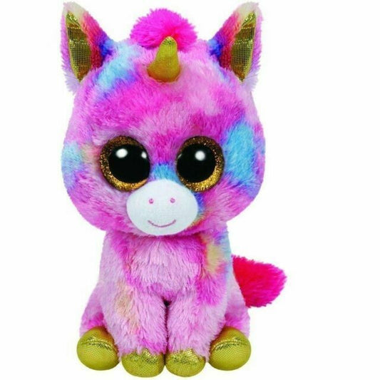 Plush multicolor unicorn toy with glitter eyes, golden horn, and pink-yellow-blue fur