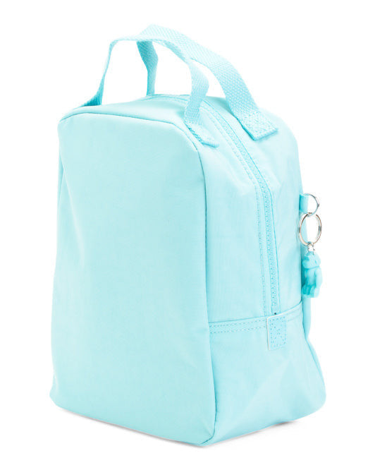 Kipling Lyla insulated lunch bag in light blue nylon with monkey keychain, reusable 9″ × 5″ × 10″ tote for work or picnics.